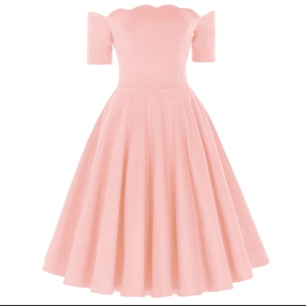 Belle Poque Retro Vintage Short Sleeve Off Shoulder Swing Dress in Pink Size S